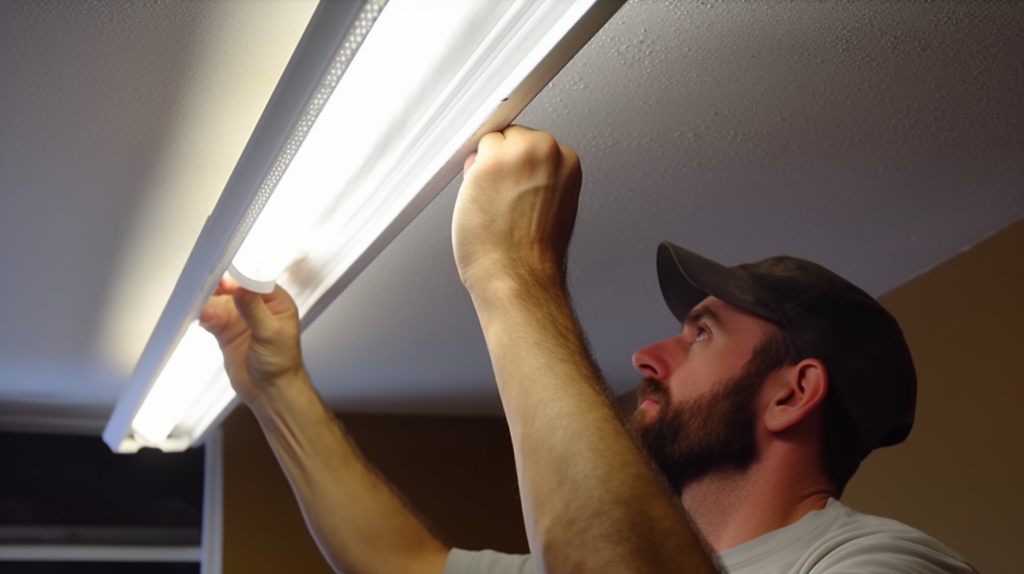 A close-up photo of a bright LED light beam without a diffuser. electrician removing a diffuser from a fixture