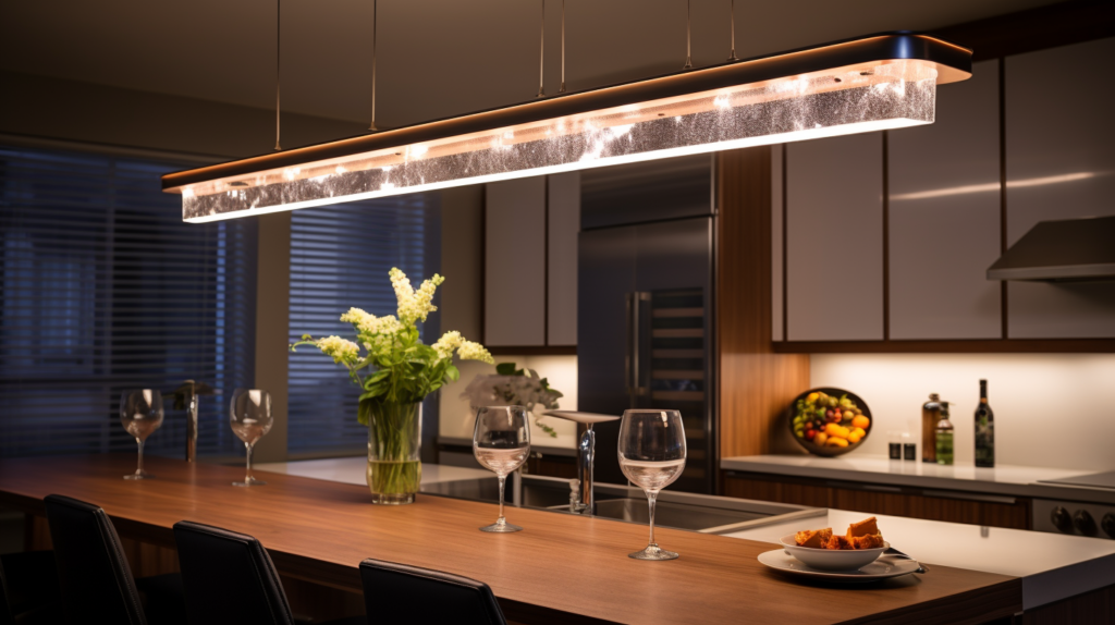 modern led light fixture hanging above kitchen island