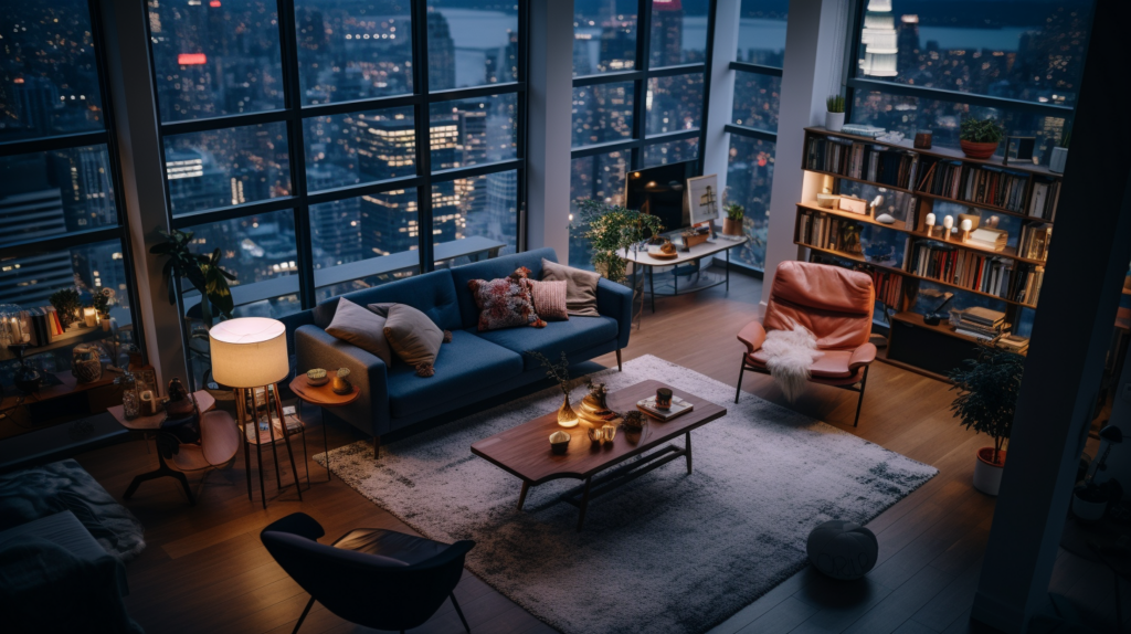 overhead shot of a dimly-lit room with several light fixtures