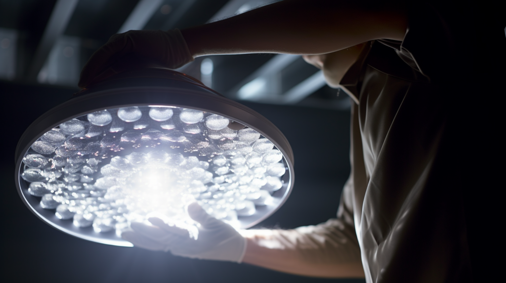 person cleaning big round intense light