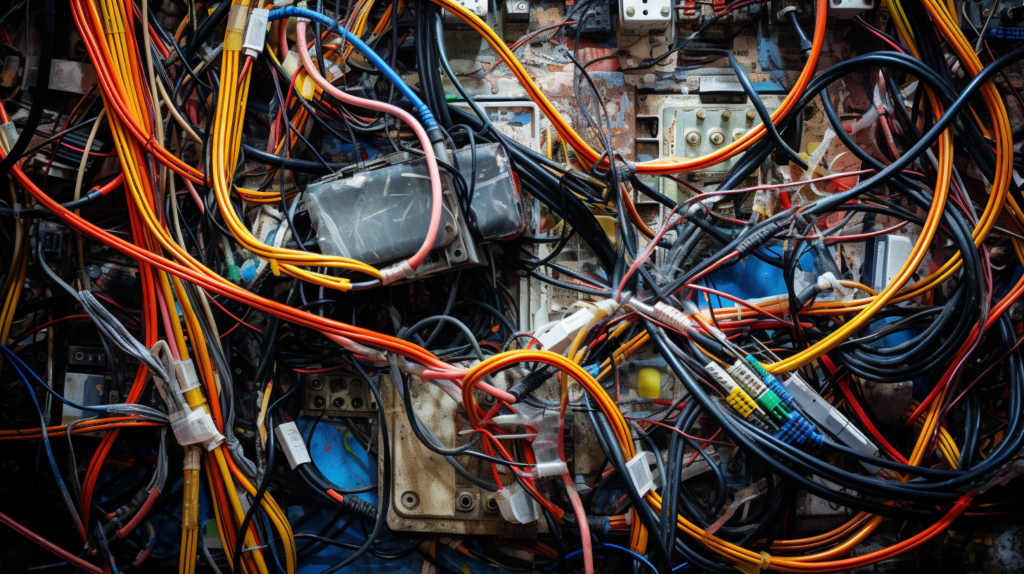 A chaotic collection of tangled wires and broken LED lights creates a still life scene devoid of human presence. A chaotic collection of tangled wires and broken LED lights