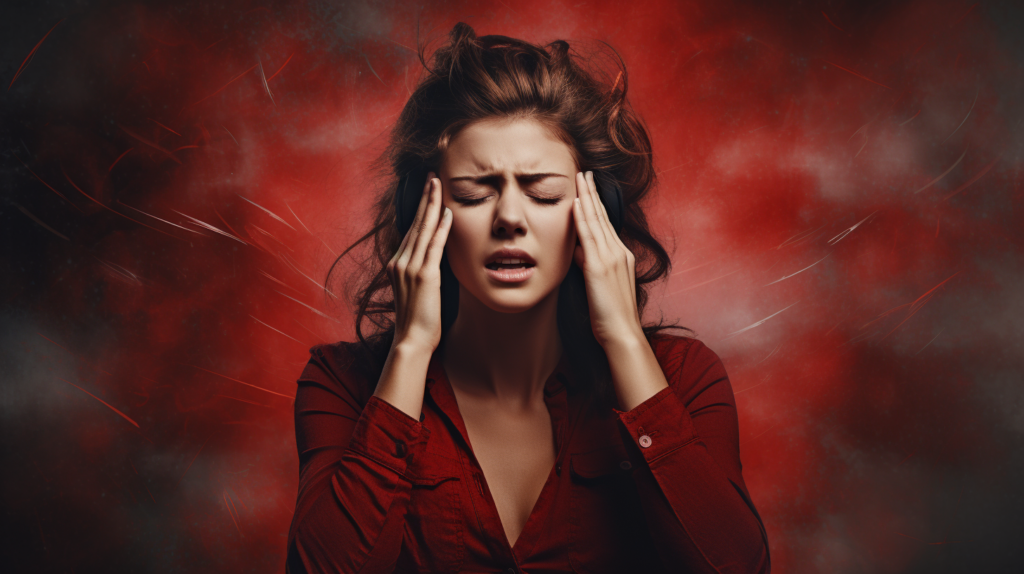 A close-up image of a dimmer switch surrounded by tools and equipment, with highly detailed eyes, skin texture, and various faces, hair styles, and outfits. woman experiencing headache from buzzing sound