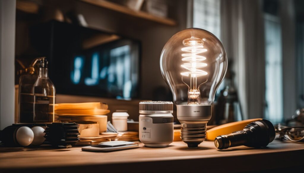 A photo of a bright LED light bulb surrounded by various household items in a cinematic and bustling atmosphere.