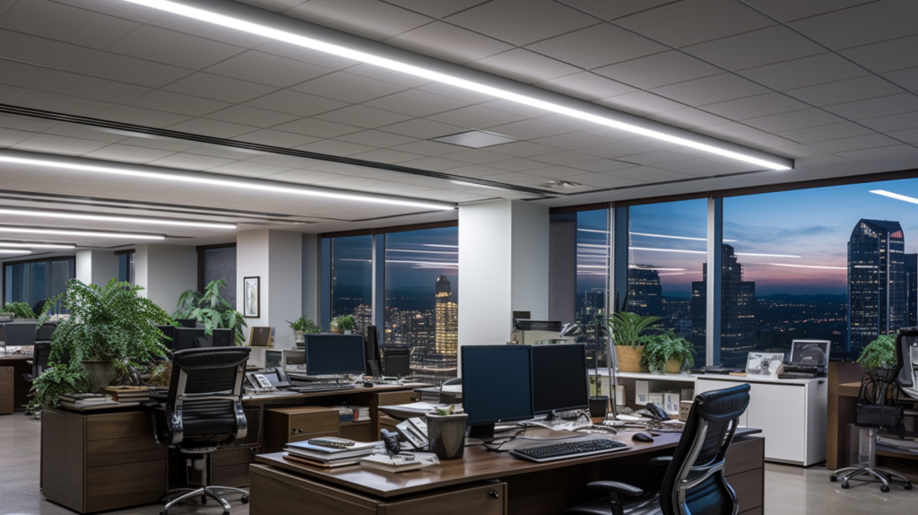 bright office lighting with a city scape out of the windows