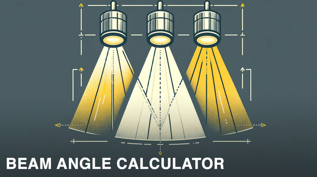 beam angle calculator illustration showing three lights with various measurements