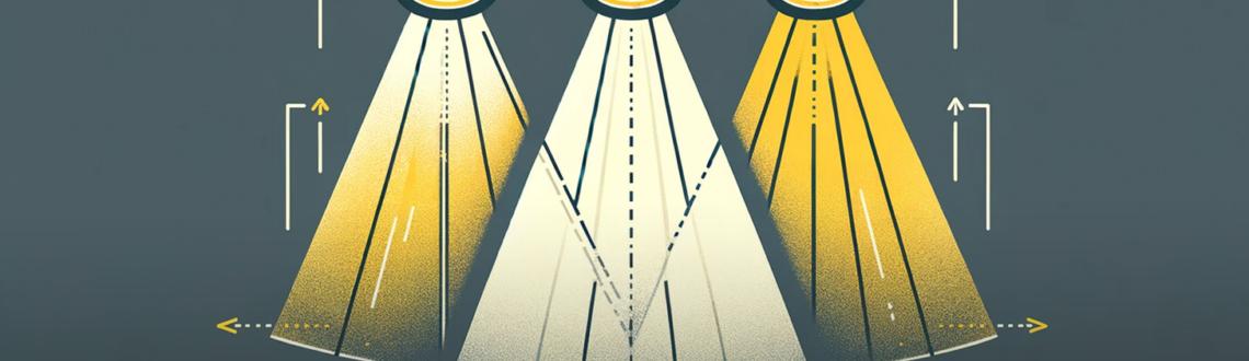beam angle calculator illustration showing three lights with various measurements