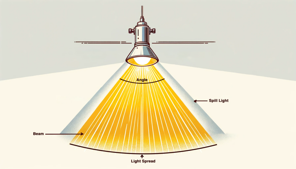 Diagram displaying features of a light source as it relates to beam angles. This diagram shows Angle, Spill Light, Beam, and Light Spread. 