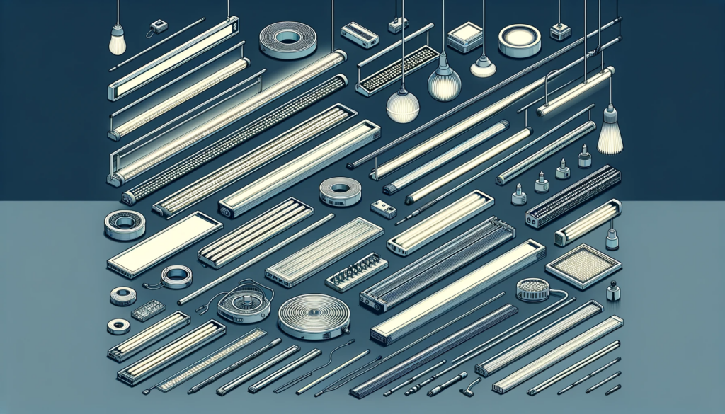  illustration that displays a collection of exclusively linear lighting fixtures, emphasizing various styles such as ultra-slim LED strips, architectural linear fluorescent tubes, and modular linear systems