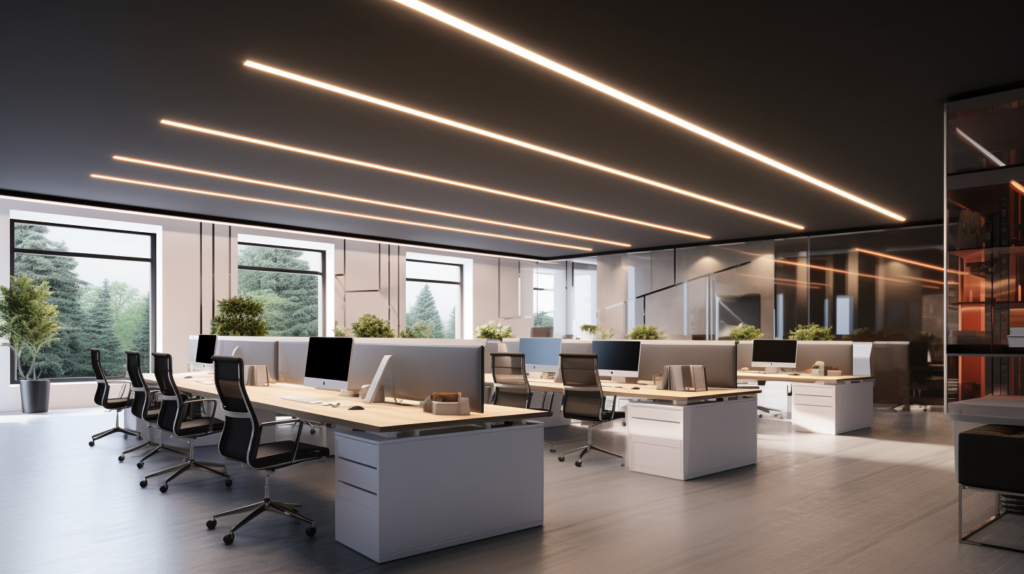 modern office with sleek architecture and LED linear lights installed in the ceiling