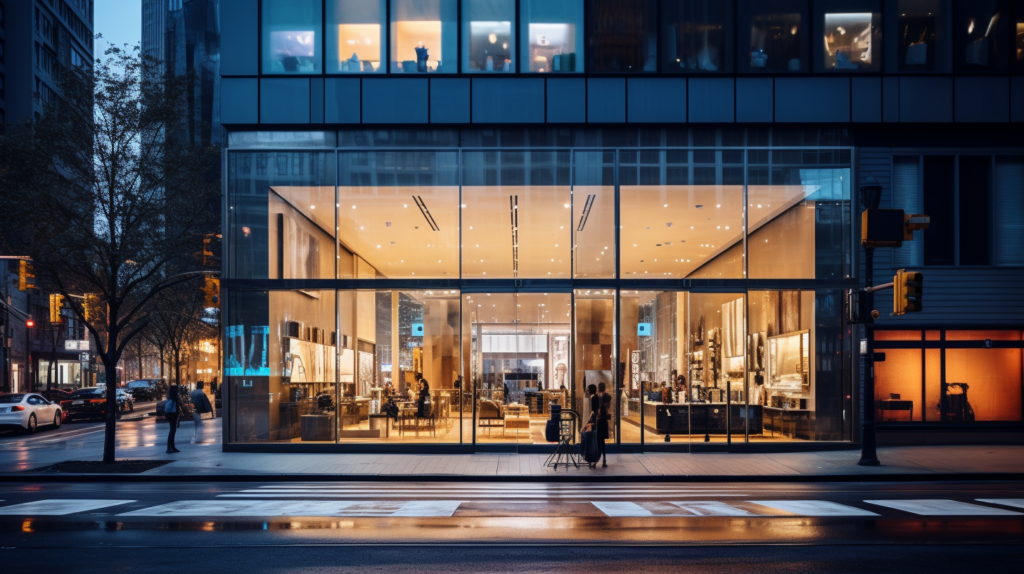 A photo of a modern storefront with linear lighting in a bustling city at dusk, captured with professional photography equipment