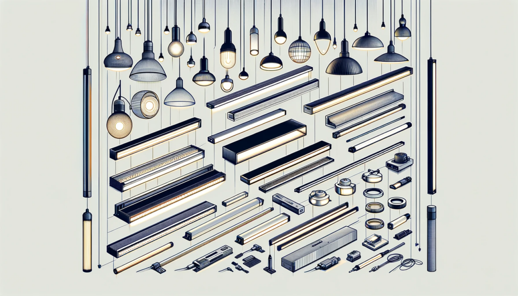 illustration exclusively featuring various styles of linear lighting fixtures, with a focus on straight lines and elongated shapes, showcasing diversity in design and functionality