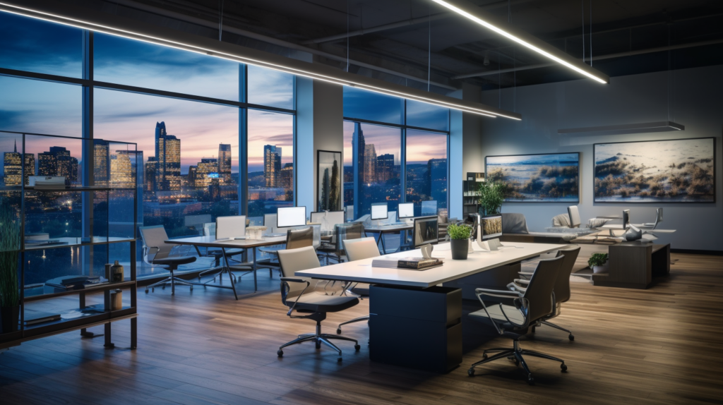 A modern, well-lit office space with modern linear lighting and cityscape photography