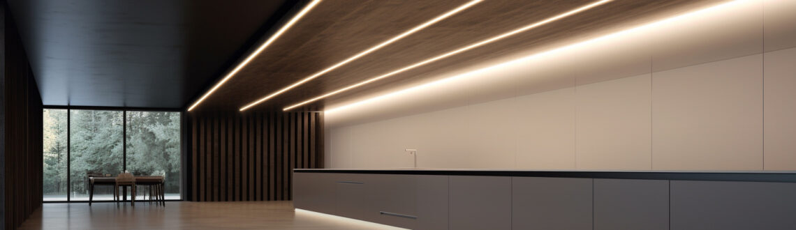 Modern interior with linear LED lighting in a minimalist kitchen.