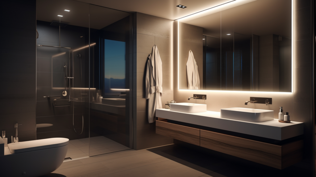 Bathroom with cool lighting, casting a crisp and refreshing ambiance, sleek and minimalistic design with a large mirror and glass shower