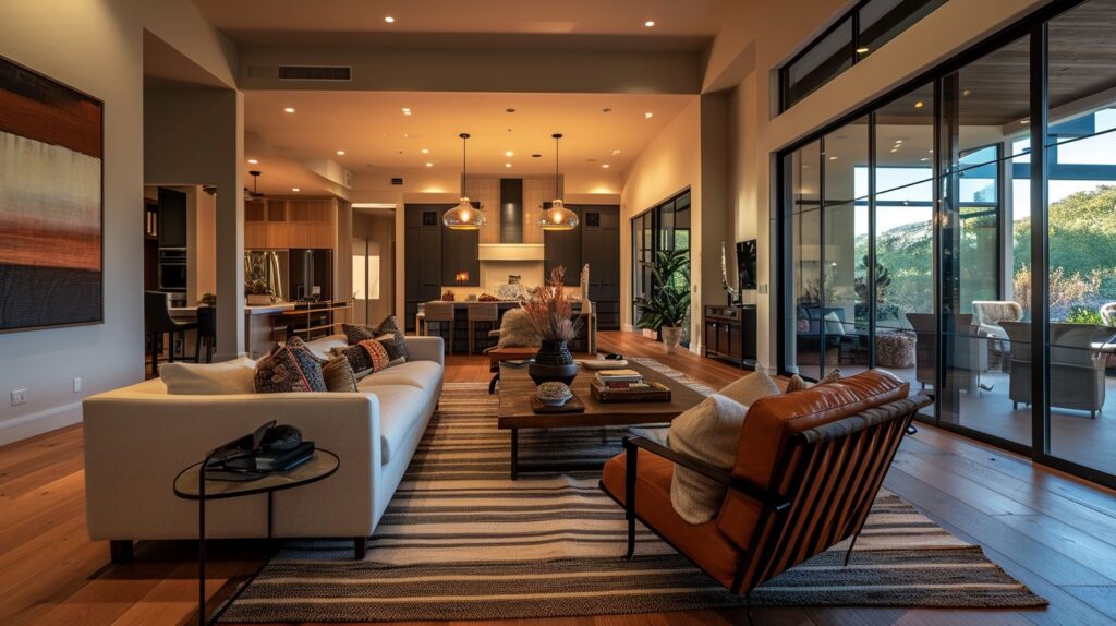 An inviting living room with people relaxing in a wide-angle shot.