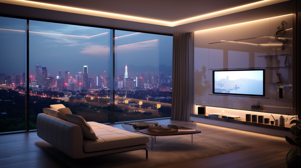 Modern living room with open window overlooking a city and LED strips accenting the room. 