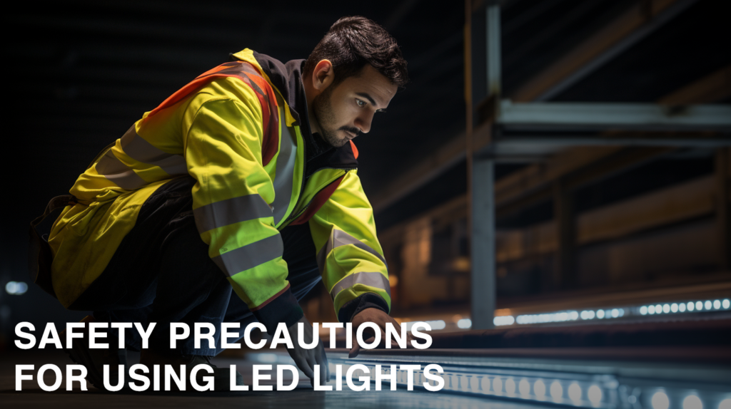 Man in reflective safety gear inspecting LED lighting, words written "SAFETY PRECAUTIONS FOR USING LED LIGHTS" 