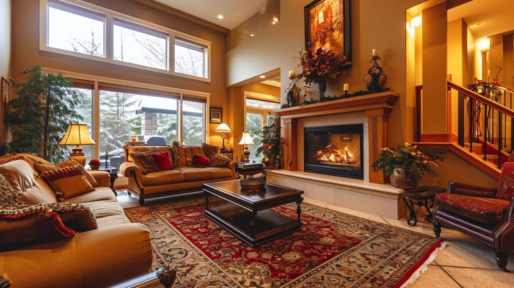 A cozy living room with a fireplace and comfortable lighting captured with a wide-angle lens.