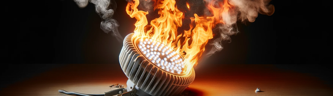 LED light bulb on fire with smoke on dark background