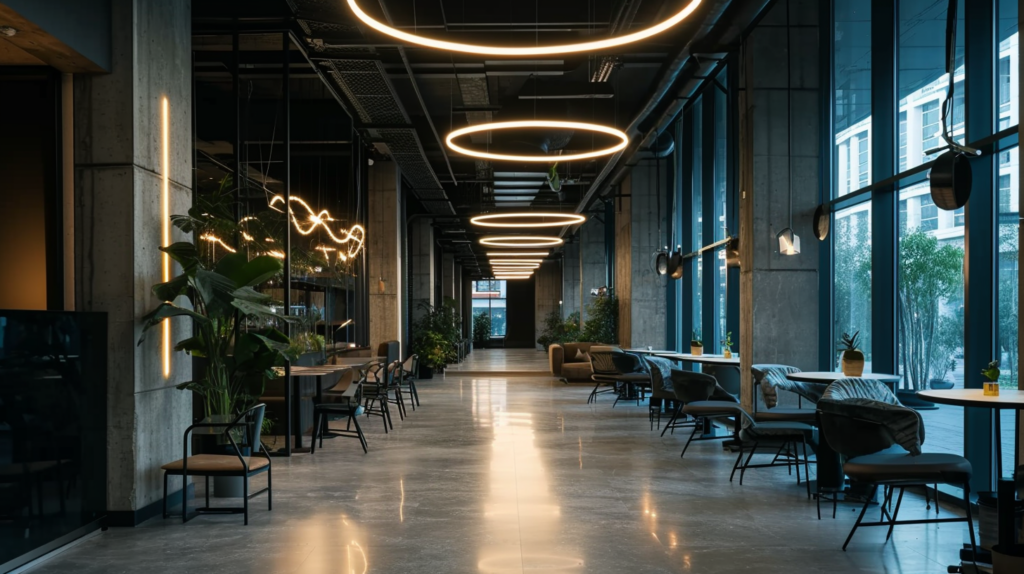 ring led light fixtures in a corridor