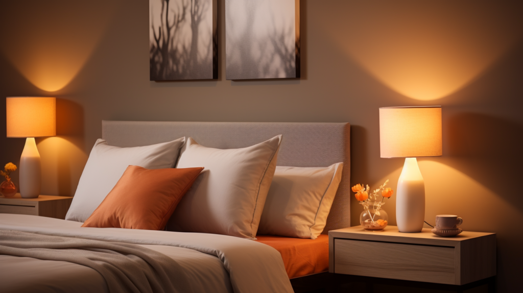 contemporary bedroom with warm lighting, soft yellow and orange hues creating a comforting atmosphere, bedside lamps casting a gentle glow, warm-toned decor and furniture adding to the inviting ambiance