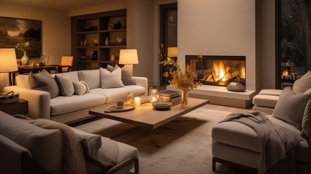 A contemporary living room with warm lighting, soft yellow glow from floor lamps and table lamps, casting a gentle and inviting ambiance, comfortable furniture, and a fireplace, emphasizing relaxation and comfort, Interior Photography