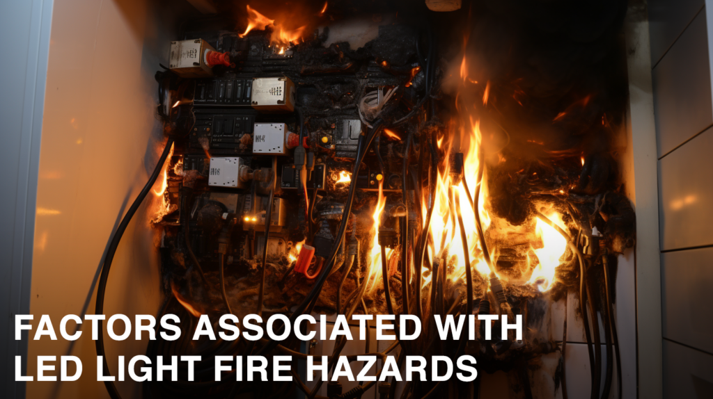Burning electrical wires with the words "FACTORS ASSOCIATED WITH LED LIGHT FIRE HAZARDS"