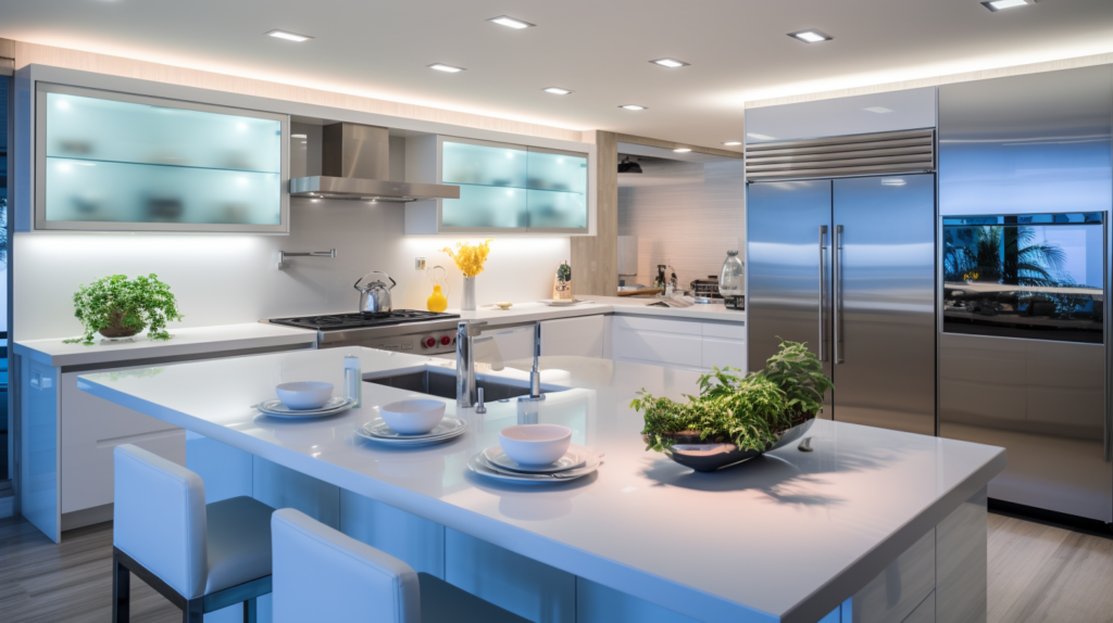 modern, brightly lit kitchen with white sleek countertops and stainless steel appliances, cool LED lighting illuminating the space, giving a contemporary and clean ambiance
