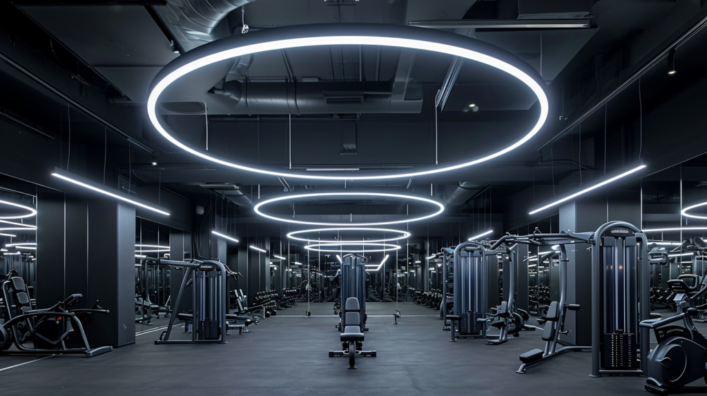 ring circular linear lighting in a busy gym