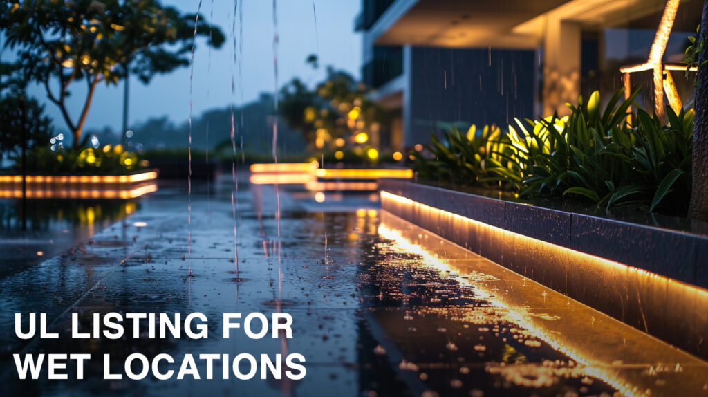 photo of outdoor raining environment with text label: UL listing for wet locations