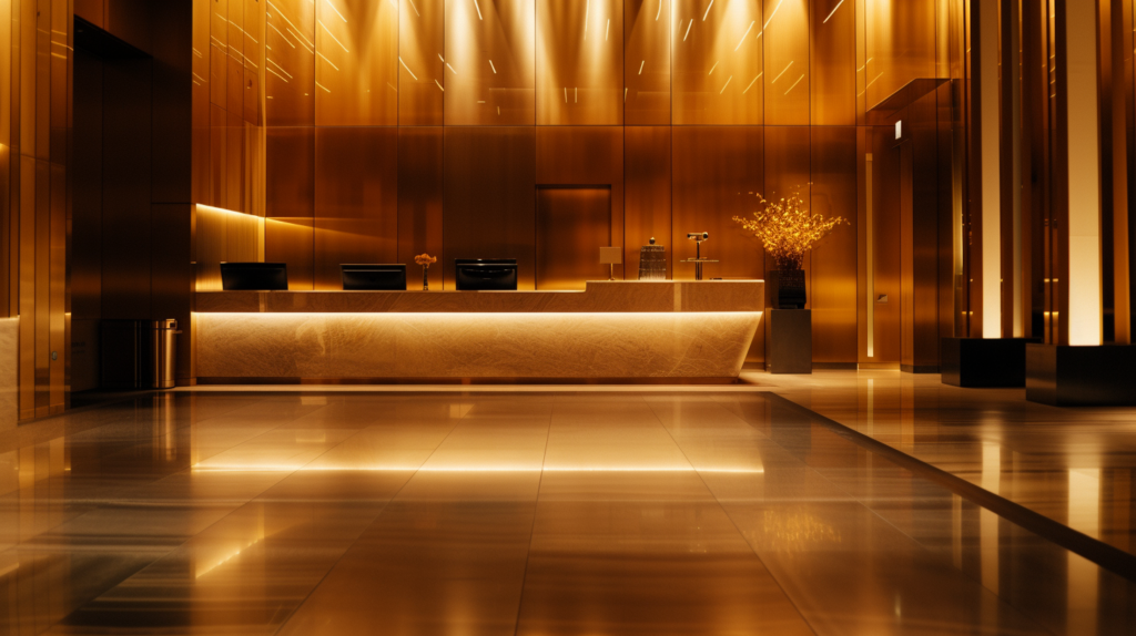 Enhancing the overall hospitality experience related to The Impact of Lighting on Hotel Experience, Warm and inviting lighting in a luxurious hotel lobby, soft golden hues illuminating the space, casting gentle shadows, creating an atmosphere of elegance and comfort