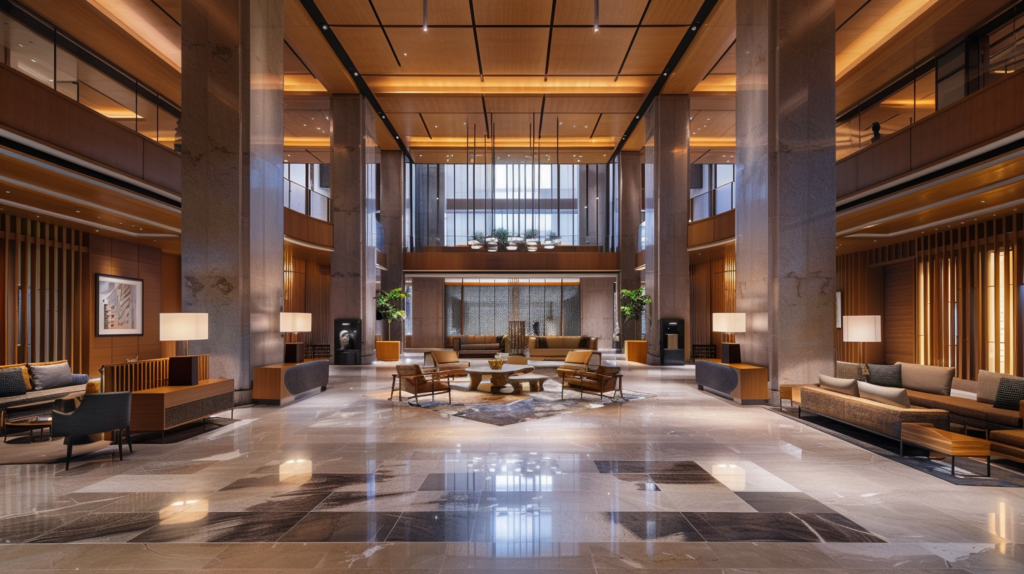 Hyatt Hotel lobby, soft tones, contemporary table lamps