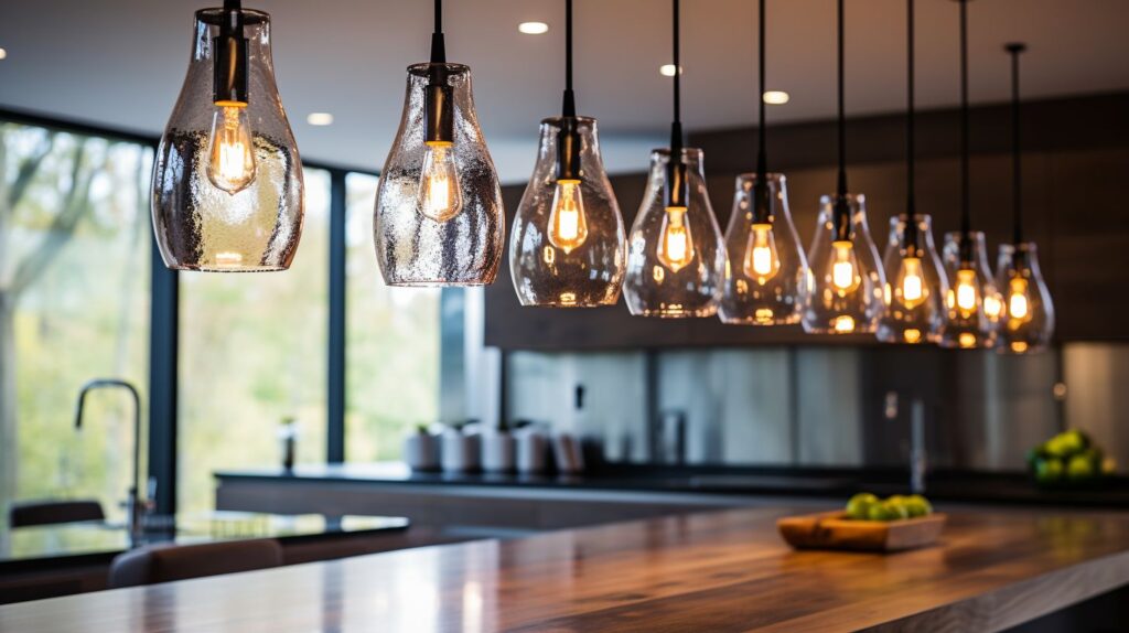 A row of pendant lights hanging over a modern kitchen island with a wide-angle shot