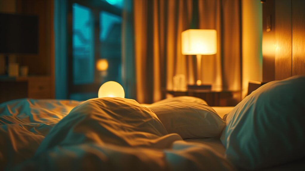 A cozy hotel room with adjustable bedside lamps and a person inside.