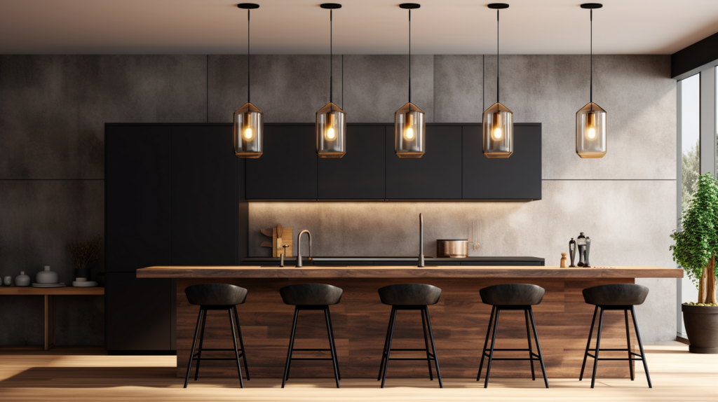 Pendant lights hanging above a sleek kitchen island, evenly spaced