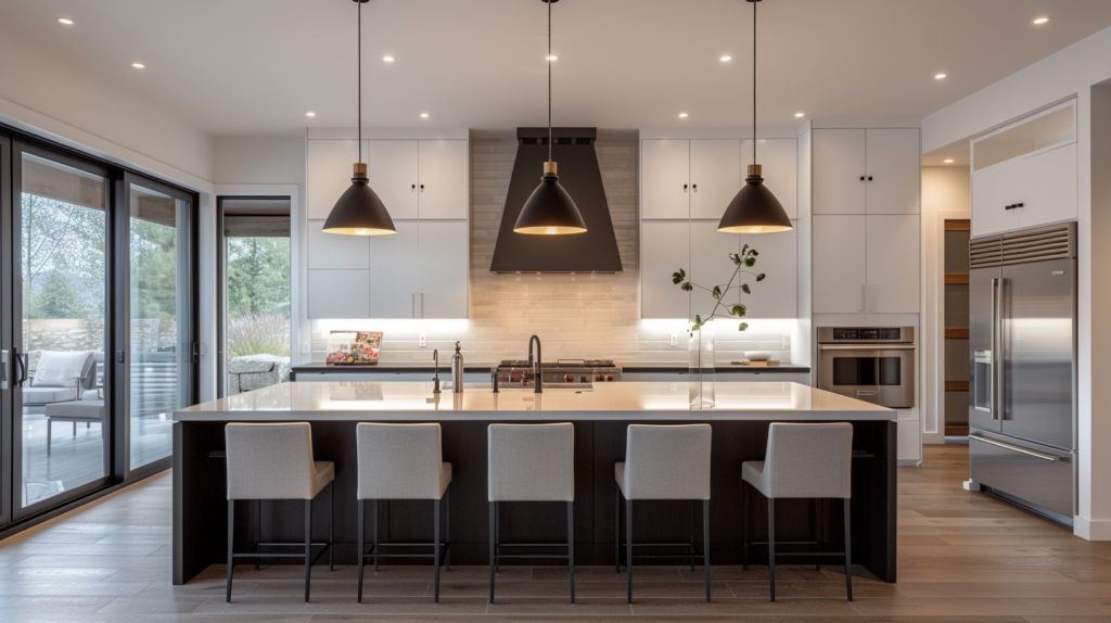 Pendant lights hanging over a sleek kitchen island, evenly spaced with the perfect height to illuminate the workspace
