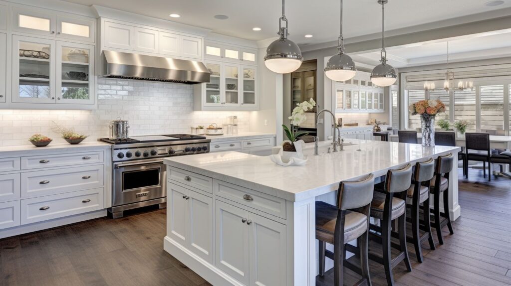 A kitchen island is illuminated by perfectly spaced pendant lights, captured with a wide-angle lens.