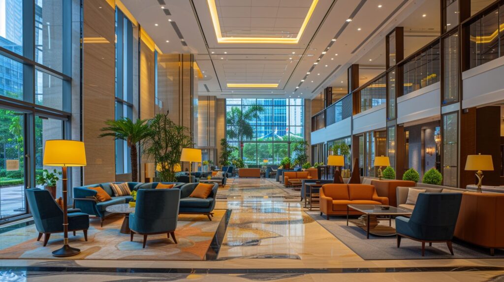 The hotel lobby has a warm and welcoming ambiance, creating a comfortable environment for guests.