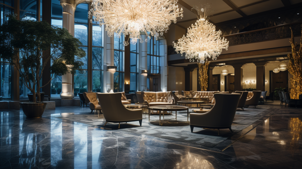Warm and inviting lighting in a luxurious hotel lobby, soft ambient glow from elegant chandeliers, golden hues reflecting off polished marble floors