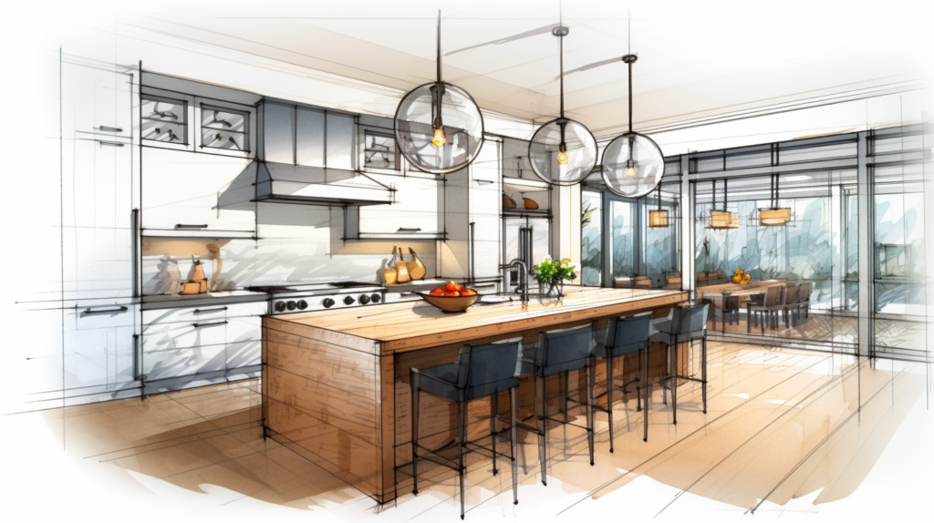 architectural sketch of kitchen island with modern pendant lights 