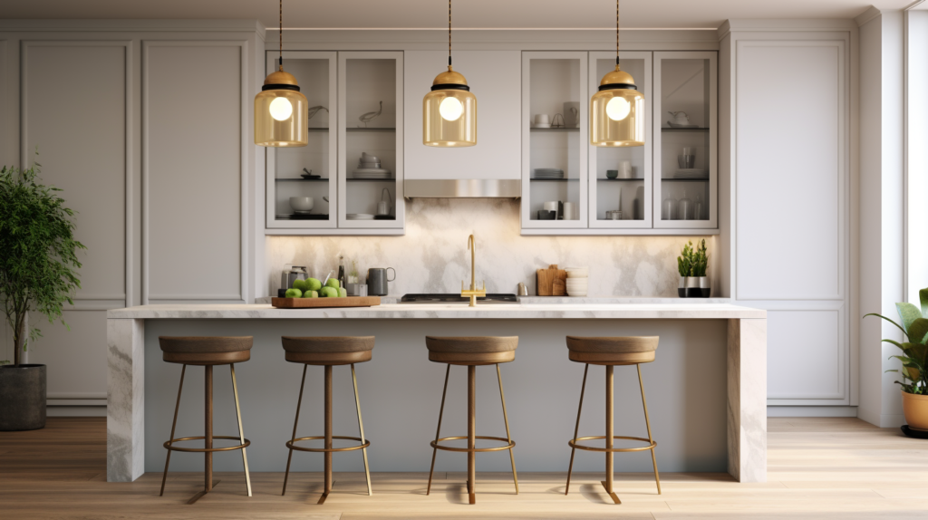 Pendant lights hanging above a sleek kitchen island, evenly spaced, casting warm light on the countertop, modern and minimalist design