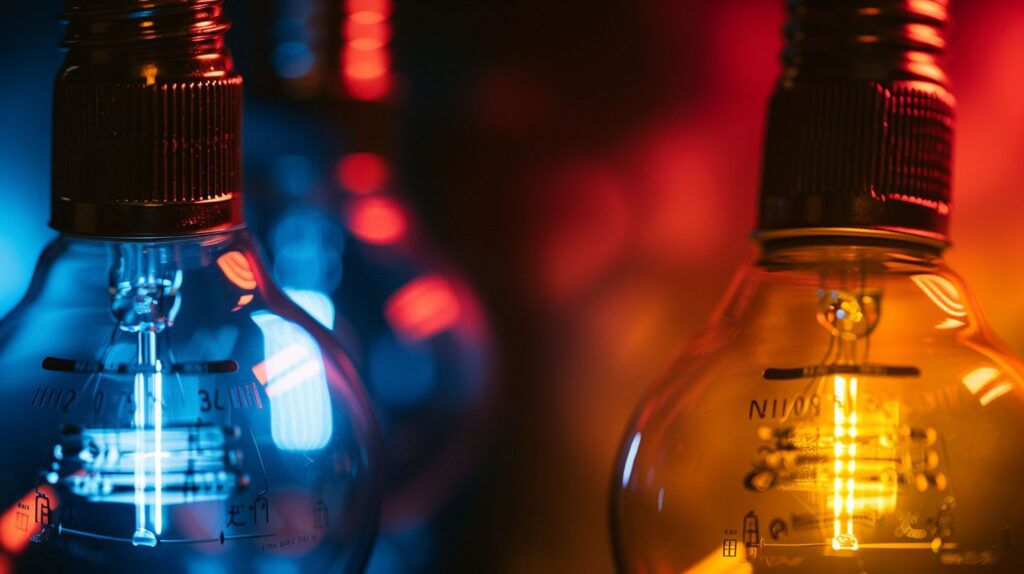 Close-up industrial photography of E26 and E27 bulbs with safety warning labels in cinematic color.