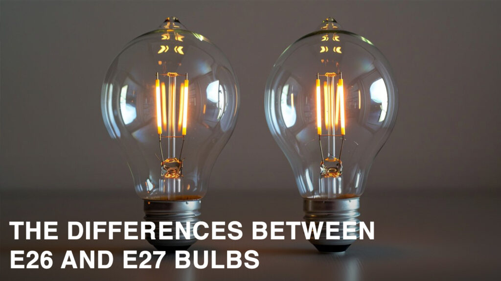 Close-up shot comparing E26 and E27 light bulbs with focus on screw lengths and voltage requirements.