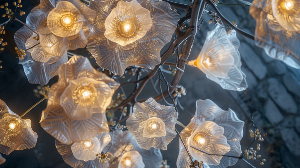 intricate lighting fixtures resembling blooming flowers and twisting vines