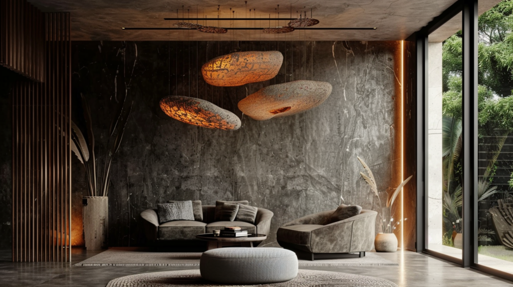 volcano rock style pendant lights in a gray color lobby