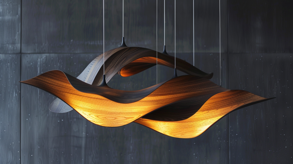 sculptural pendant light, wood finish