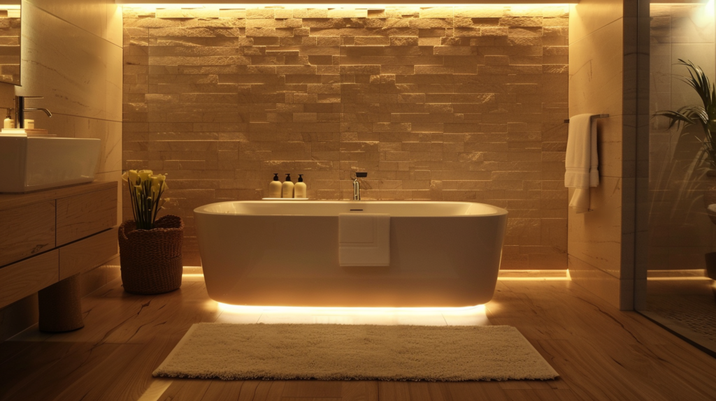 large bathtub lit up by warm white LED lighting 