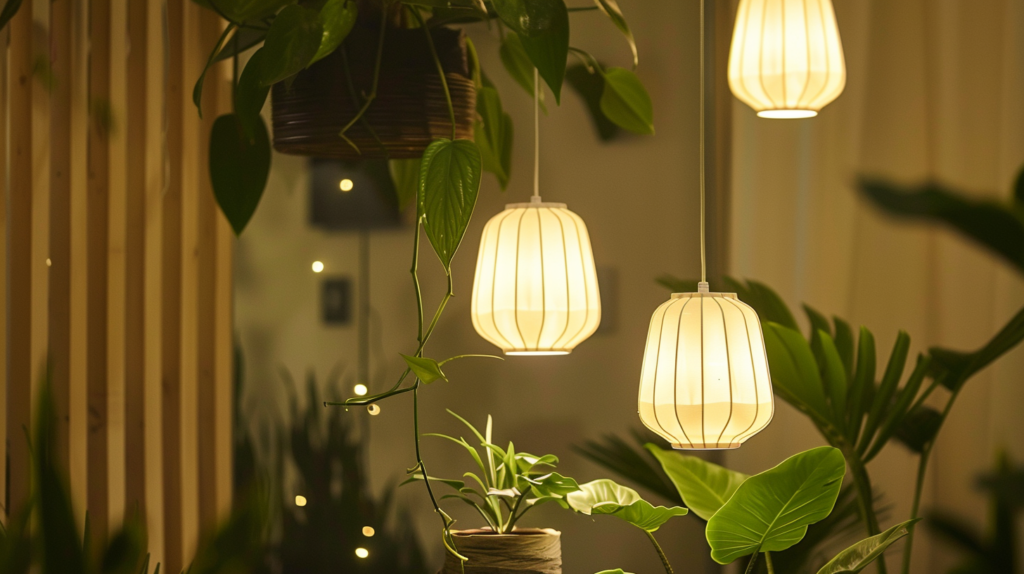 three pendant lights hanging among plants 