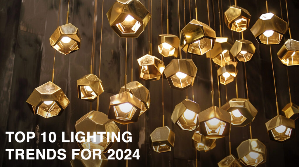 top 10 lighting trends for 2024, post image, many gold pendants in a bunch suspended from the ceiling
