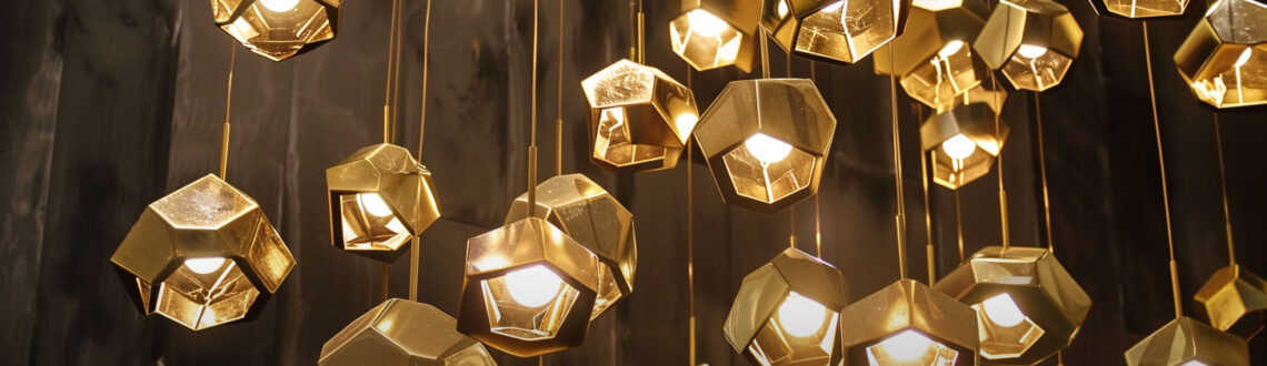 top 10 lighting trends for 2024, post image, many gold pendants in a bunch suspended from the ceiling
